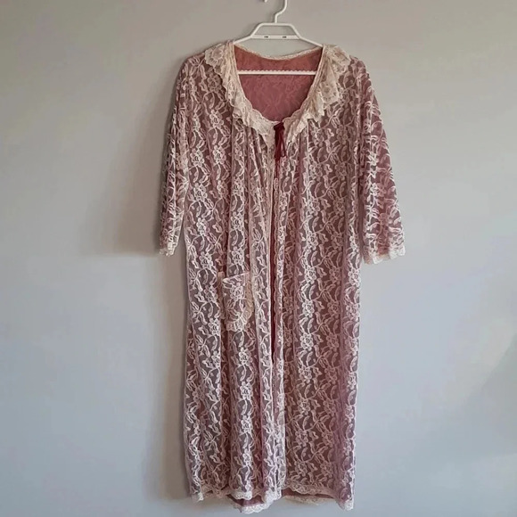 Vintage Night Gown Women's Medium Open Tie Front Lace Robe Maxi Length Dress - Picture 1 of 13